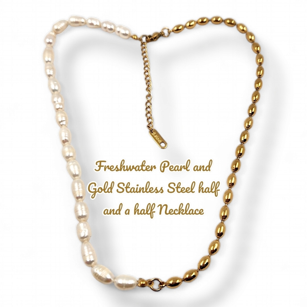 7 mm Freshwater Pearl and 4 mm gold Stainless steel half and a half necklace